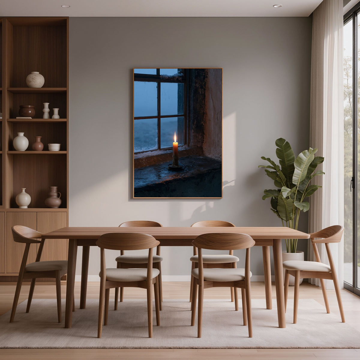 Candle burning on a stone windowsill, in a dark frame on a grey wall above a long table in a modern dining room