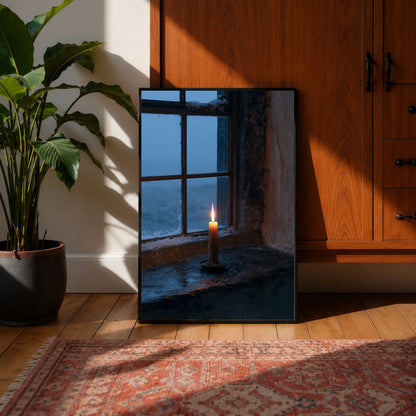Candle burning on a stone windowsill, in a dark frame leaning against a wall beside a large potted plant and a wooden cabinet