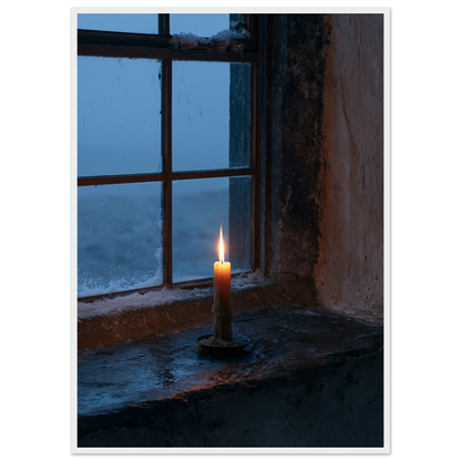 Candle burning on a stone windowsill at blue dusk, print in a white frame