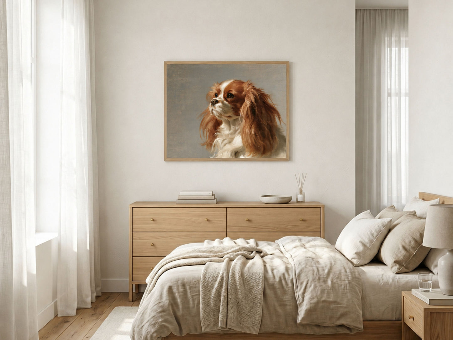 A Blenheim Cavalier King Charles Spaniel oil portrait hanging above a chest of drawers in a bright bedroom