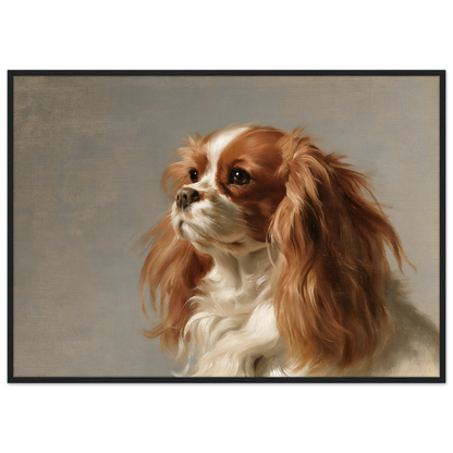 A Blenheim Cavalier King Charles Spaniel oil portrait, print in a black frame