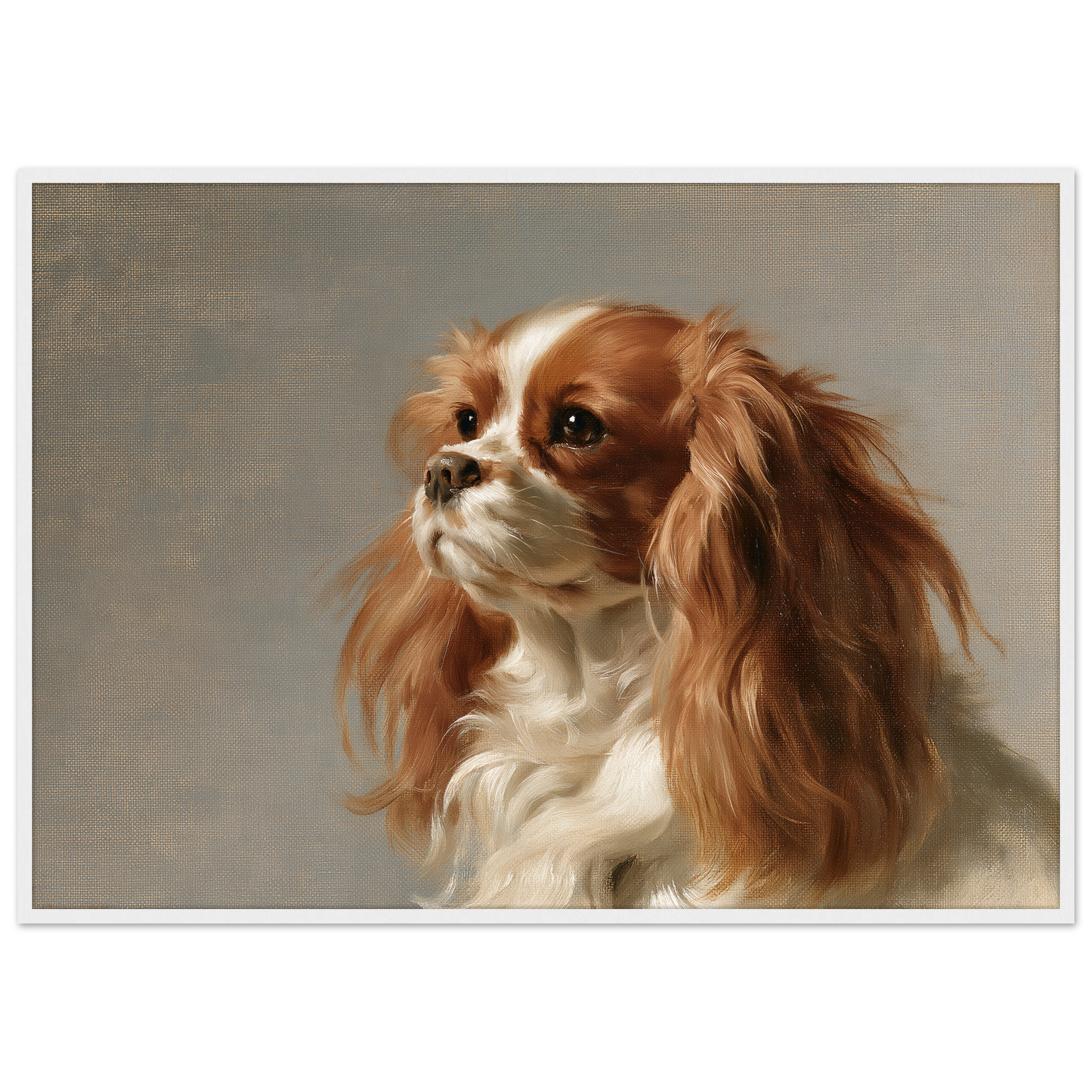 A Blenheim Cavalier King Charles Spaniel oil portrait, print in a white frame