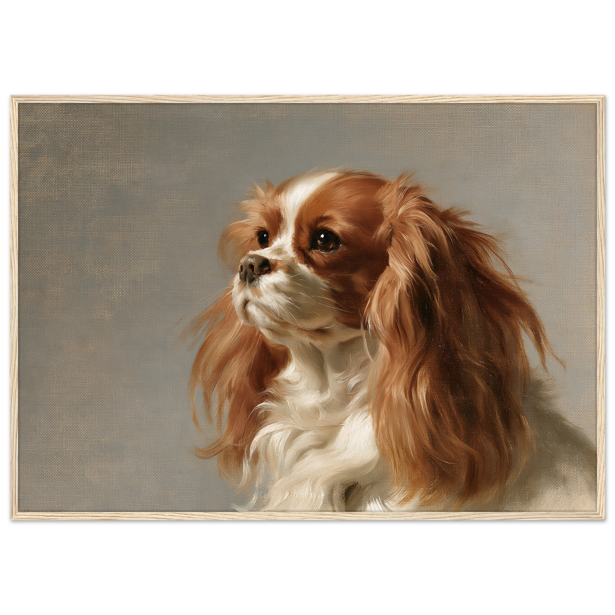 A Blenheim Cavalier King Charles Spaniel oil portrait, print in a natural wood frame