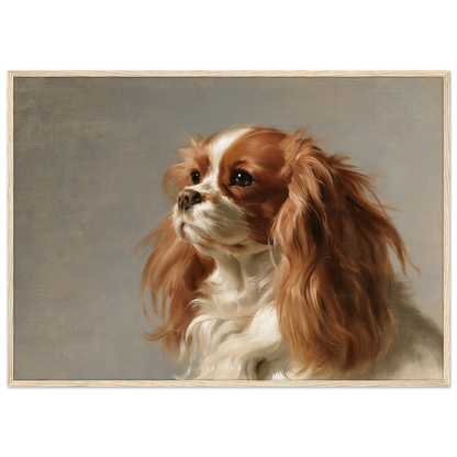 A Blenheim Cavalier King Charles Spaniel oil portrait, print in a natural wood frame