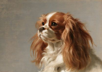 A Blenheim Cavalier King Charles Spaniel, chestnut and white, painted in oil against a plain putty ground