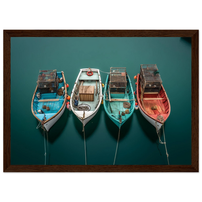 Boats at their moorings with trailing lines, framed in wide dark brown wood
