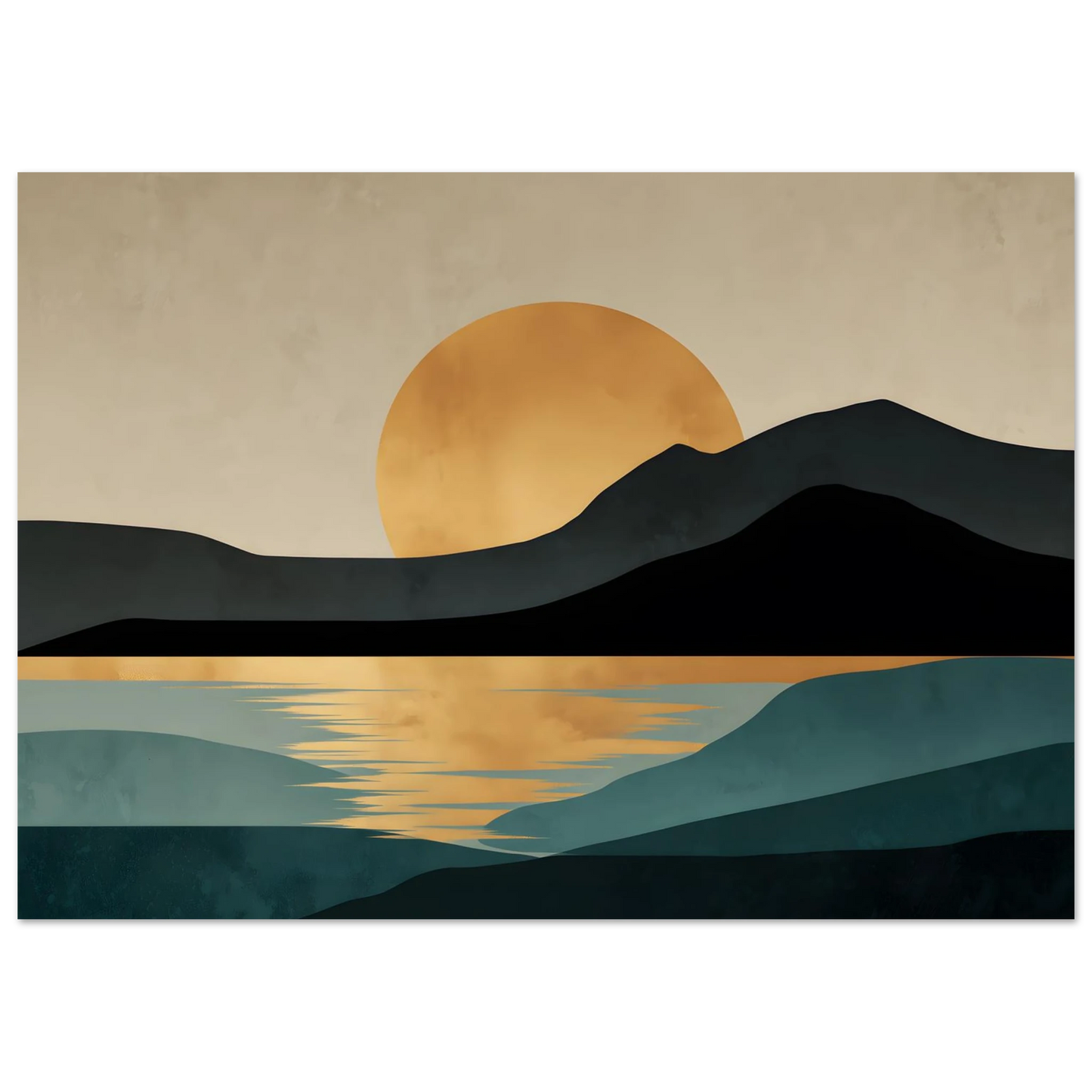 Graphic sunset landscape print with gold reflection on still teal water, in a dark frame