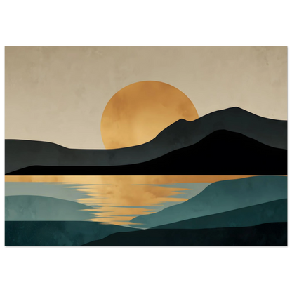 Graphic sunset landscape print with gold reflection on still teal water, in a dark frame