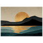 Graphic sunset landscape print with gold reflection on still teal water, in a dark frame
