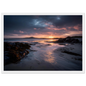 Moody beach sunset print in a white frame