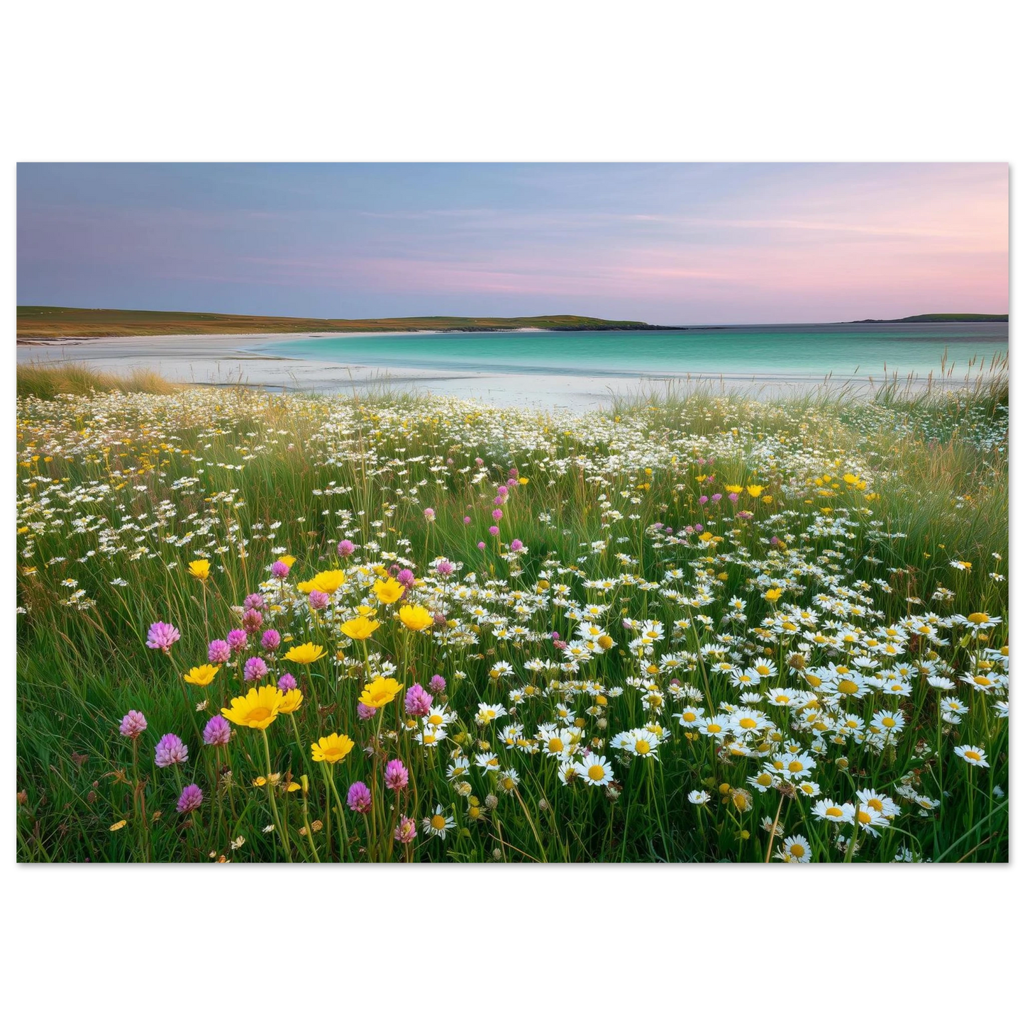 Hebridean machair meadow in flower, white daisies, buttercups and pink clover above white shell sand and turquoise water, in a slim dark frame
