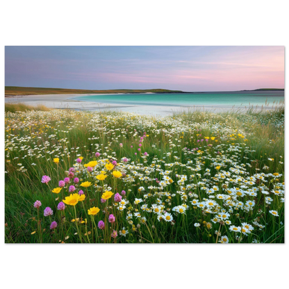 Hebridean machair meadow in flower, white daisies, buttercups and pink clover above white shell sand and turquoise water, in a slim dark frame