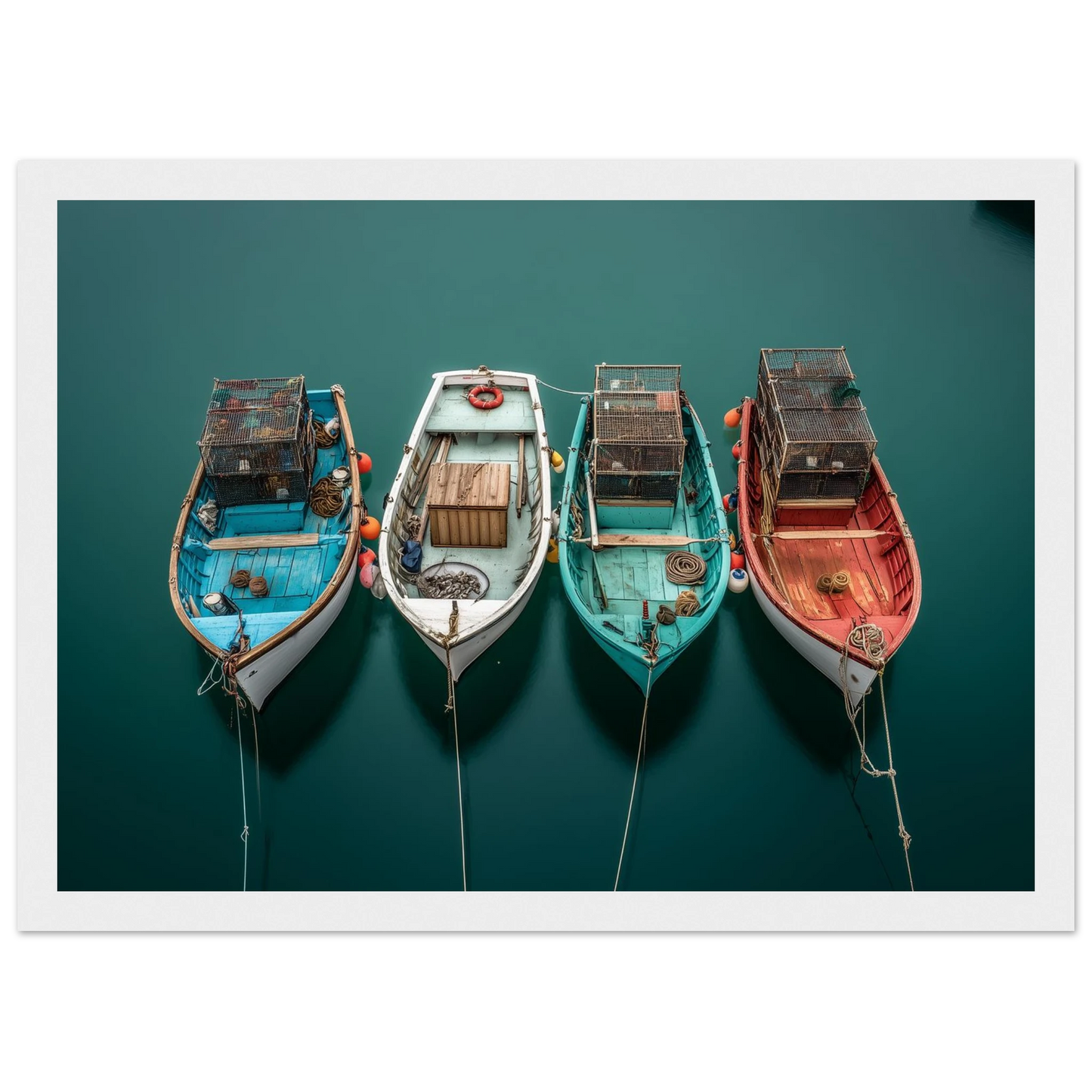 Overhead harbour scene with four coloured hulls, framed in white with a wide mount