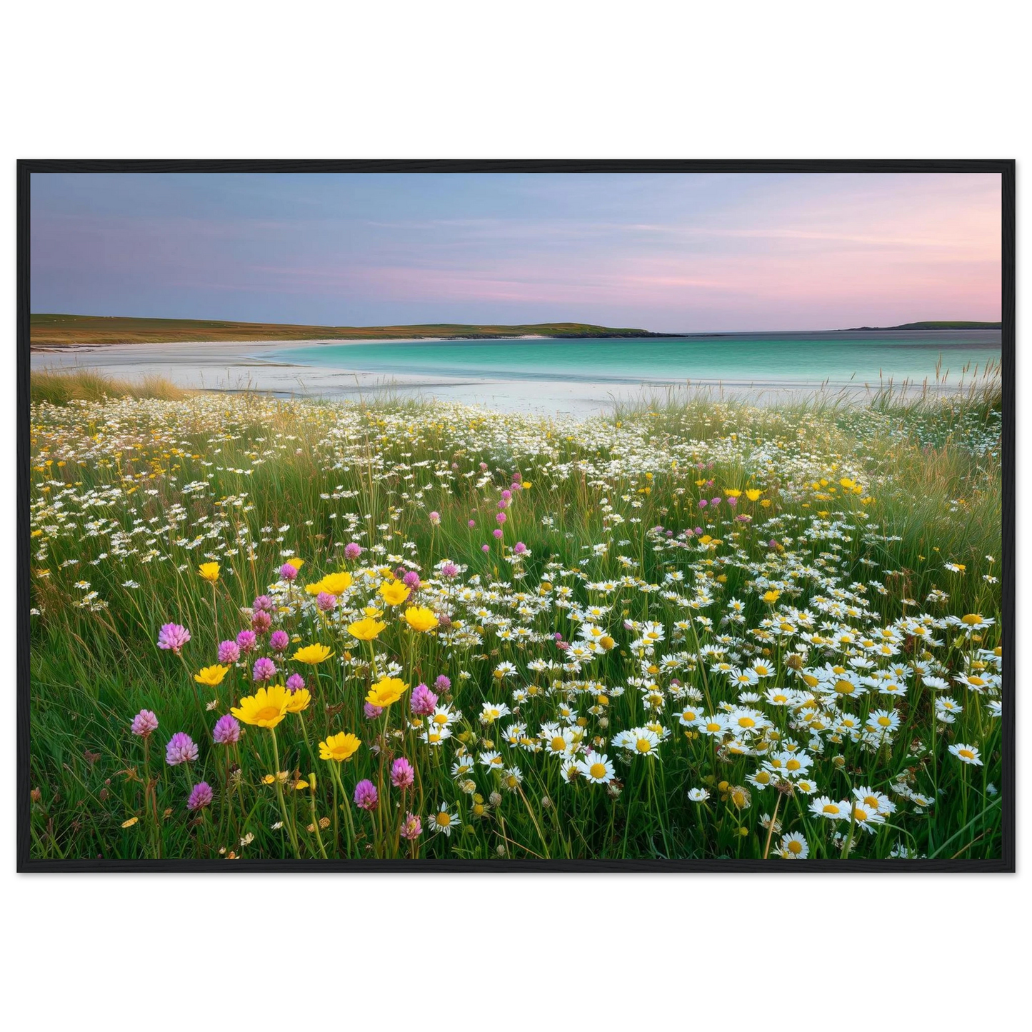 Summer meadow above a turquoise bay, framed in dark grey