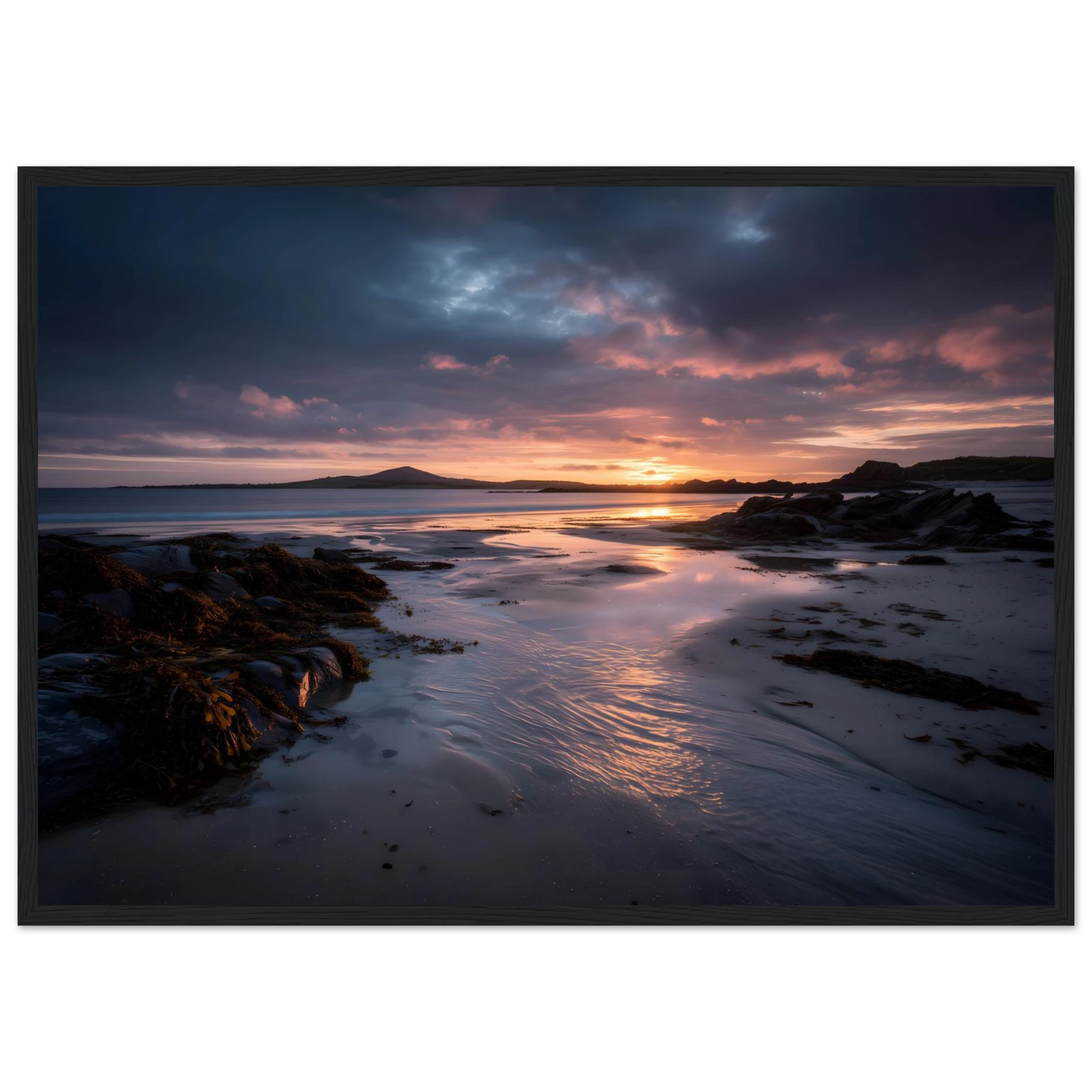 Low tide seascape print with dramatic cloud, in a dark frame