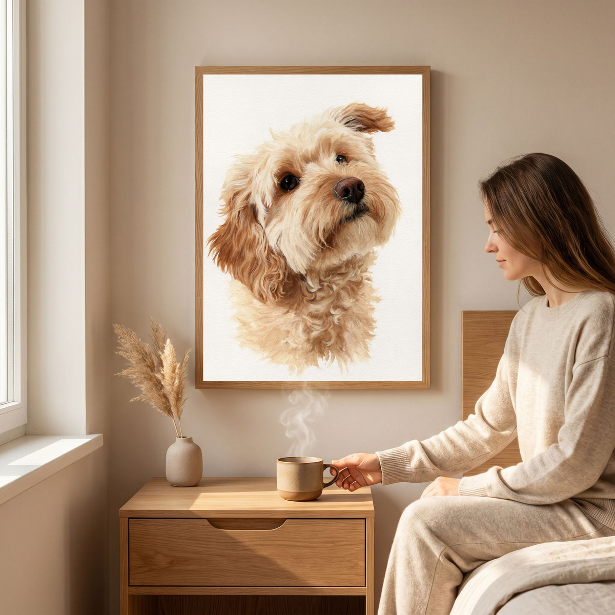 Cockapoo in window light, in a pale wood frame above a bedside table in a sunlit cream bedroom