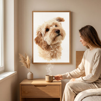 Cockapoo in window light, in a pale wood frame above a bedside table in a sunlit cream bedroom