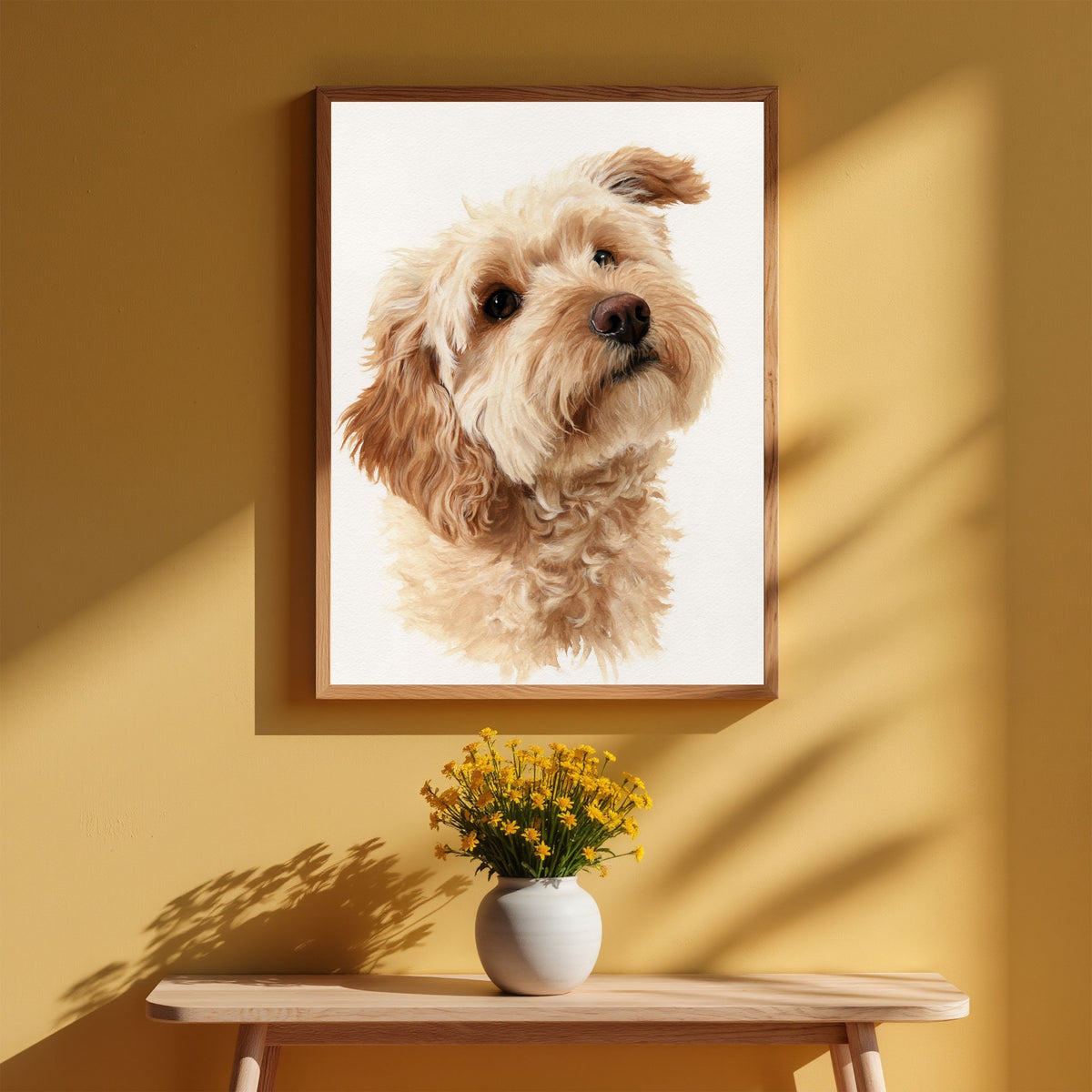 Cockapoo in window light, in a natural wood frame above a pale wood bench with yellow flowers on a mustard yellow wall