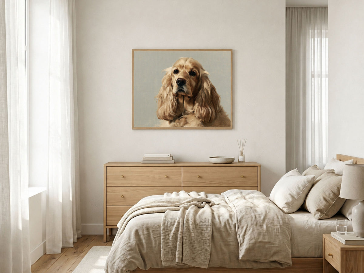 A golden Cocker Spaniel oil portrait hanging above a chest of drawers in a bright bedroom