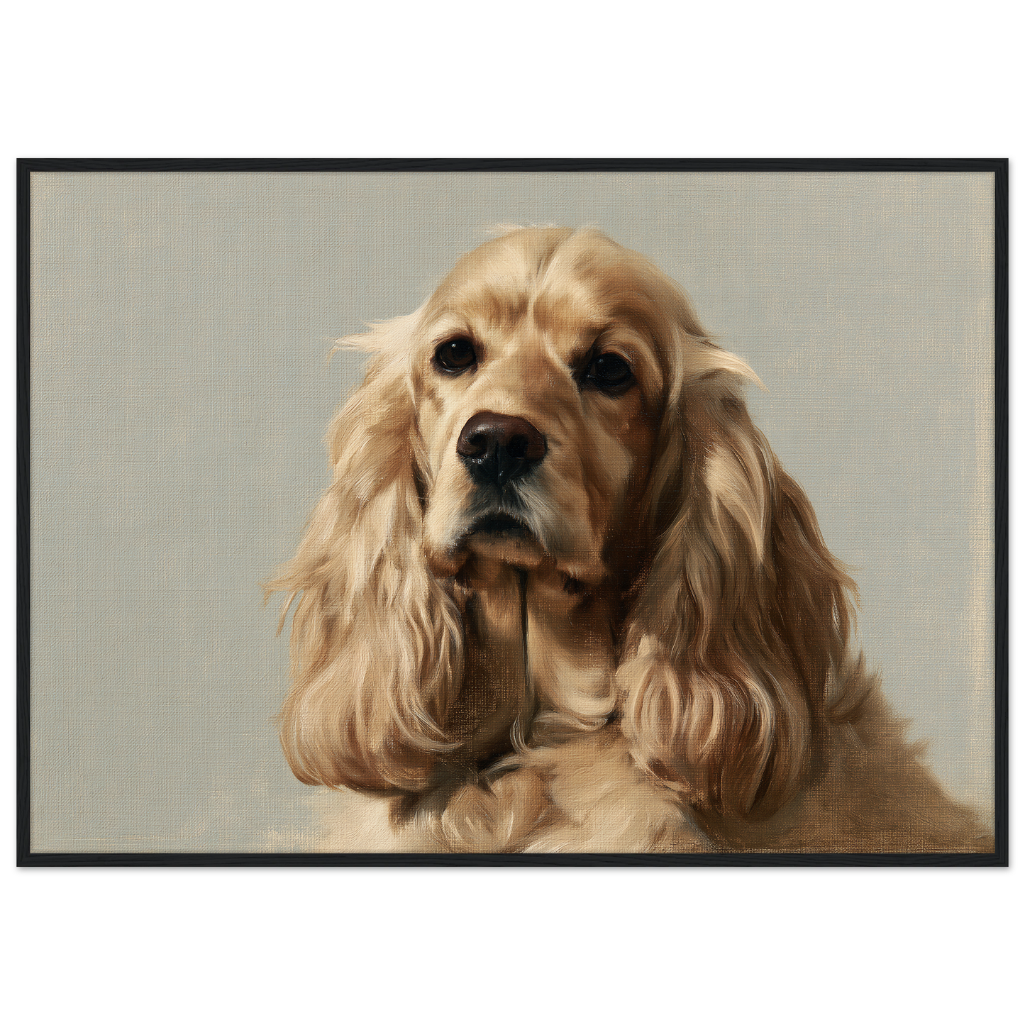 A golden Cocker Spaniel oil portrait, print in a black frame