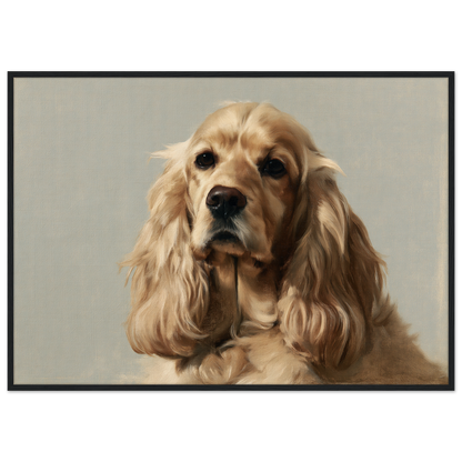 A golden Cocker Spaniel oil portrait, print in a black frame