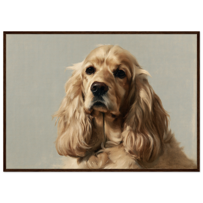 A golden Cocker Spaniel oil portrait, print in a dark wood frame
