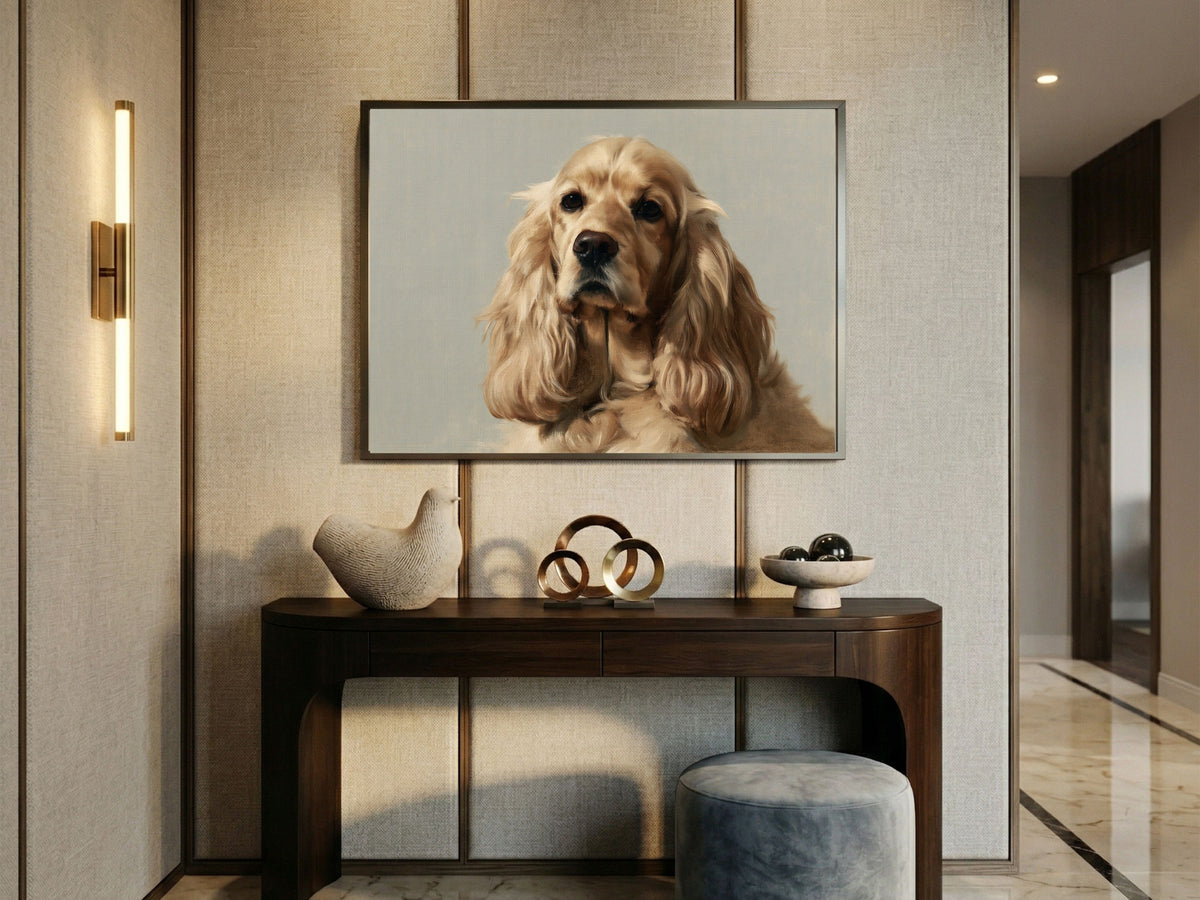 A golden Cocker Spaniel oil portrait hanging above a curved console table in a panelled hallway