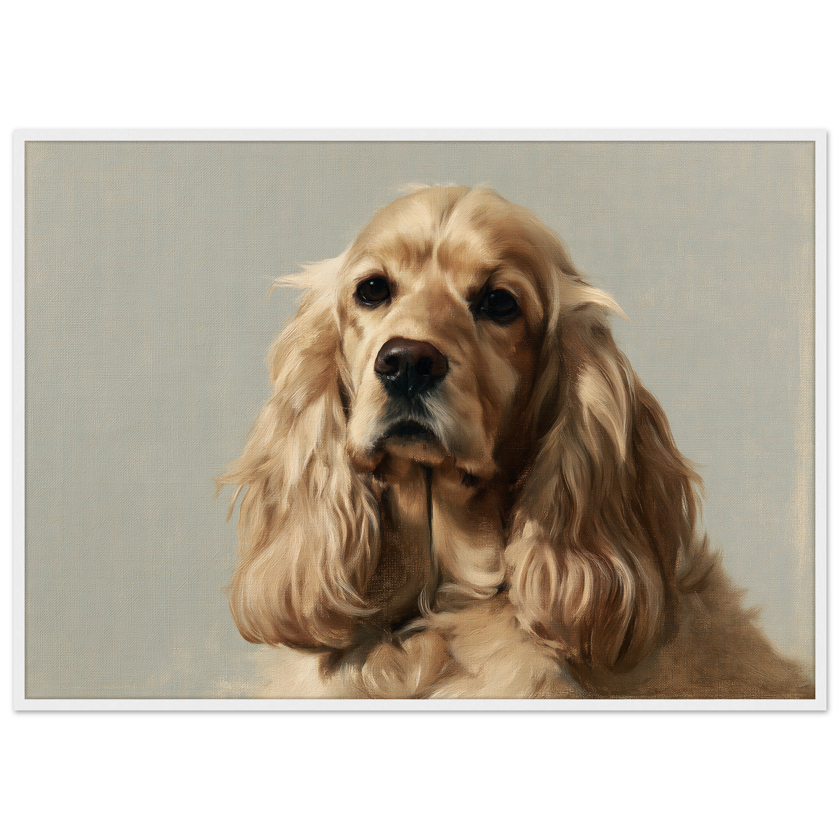 A golden Cocker Spaniel oil portrait, print in a white frame