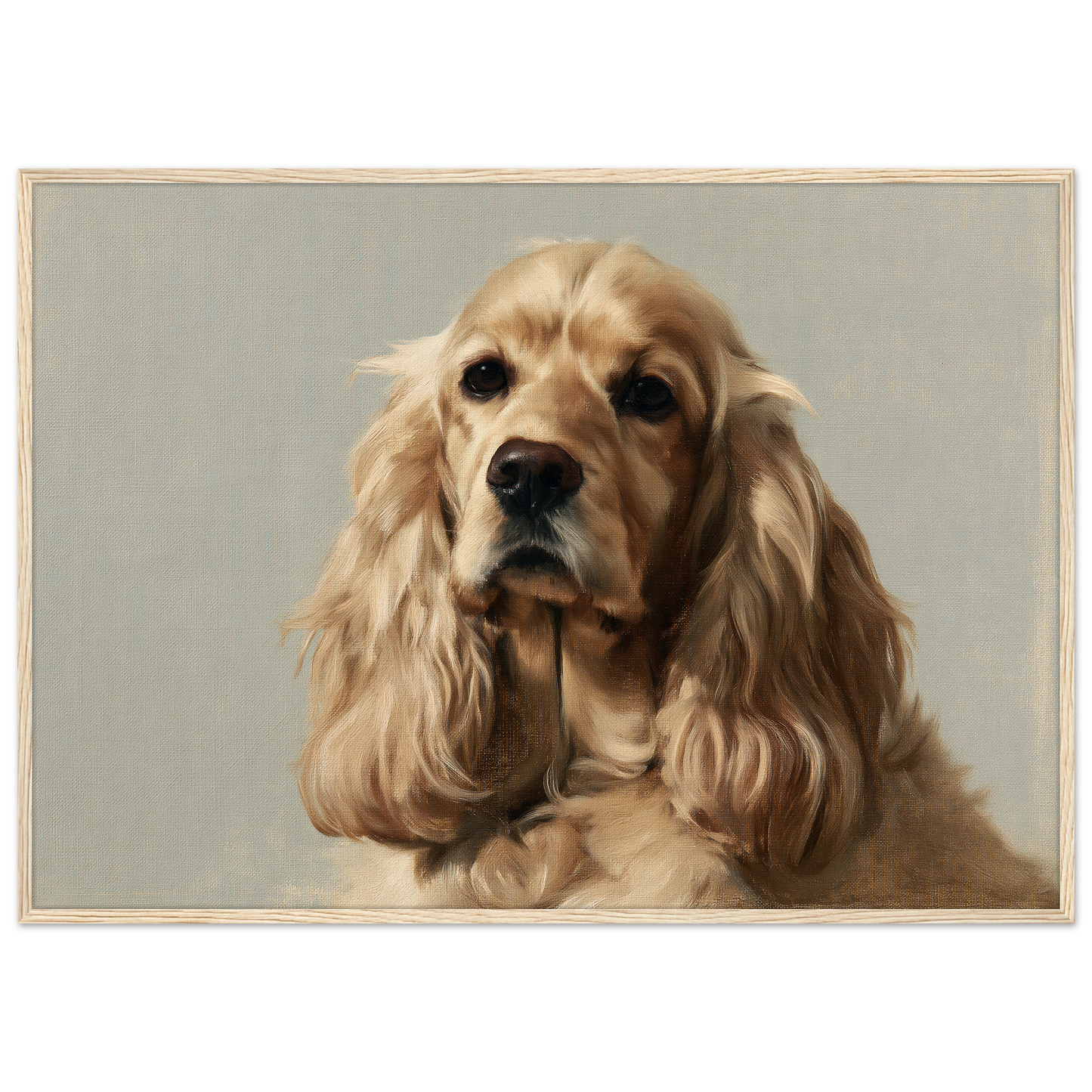 A golden Cocker Spaniel oil portrait, print in a natural wood frame