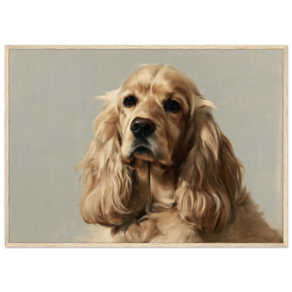 A golden Cocker Spaniel oil portrait, print in a natural wood frame