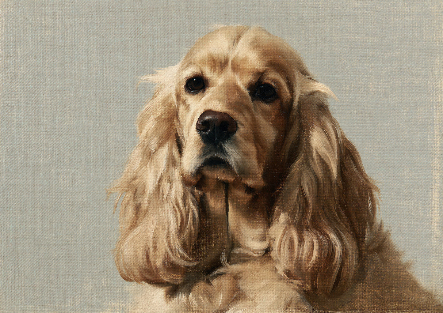 A golden English Cocker Spaniel with long feathered ears, painted in oil against a plain putty ground