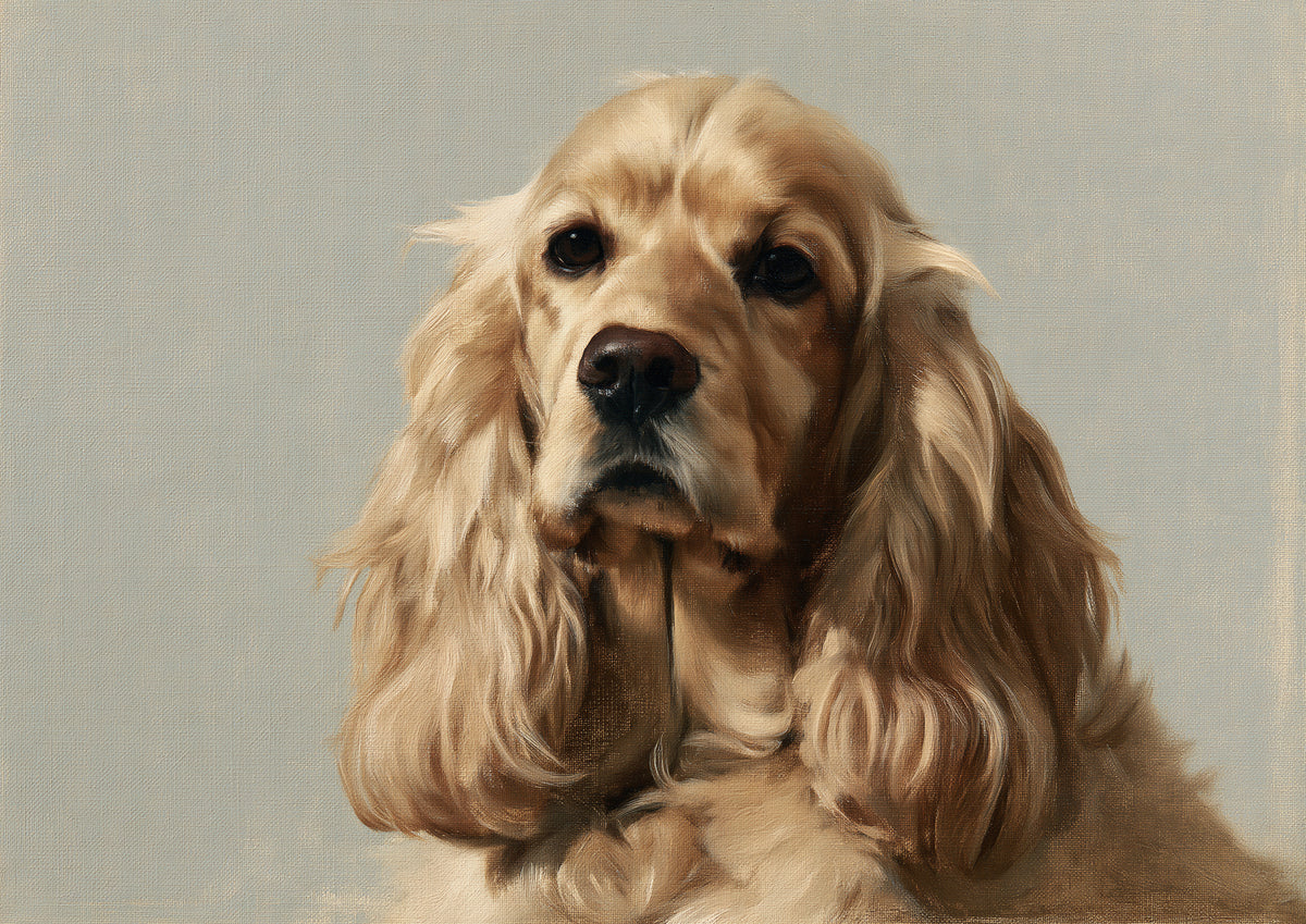 A golden English Cocker Spaniel with long feathered ears, painted in oil against a plain putty ground