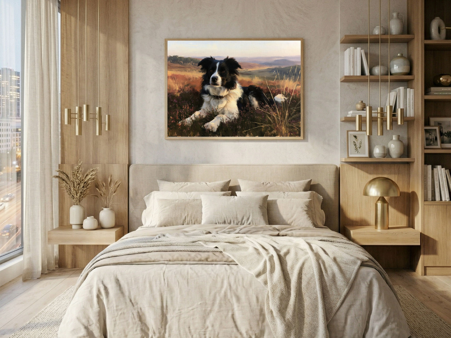 Border collie on a heather hill, framed in light wood above a bed in a warm neutral city bedroom