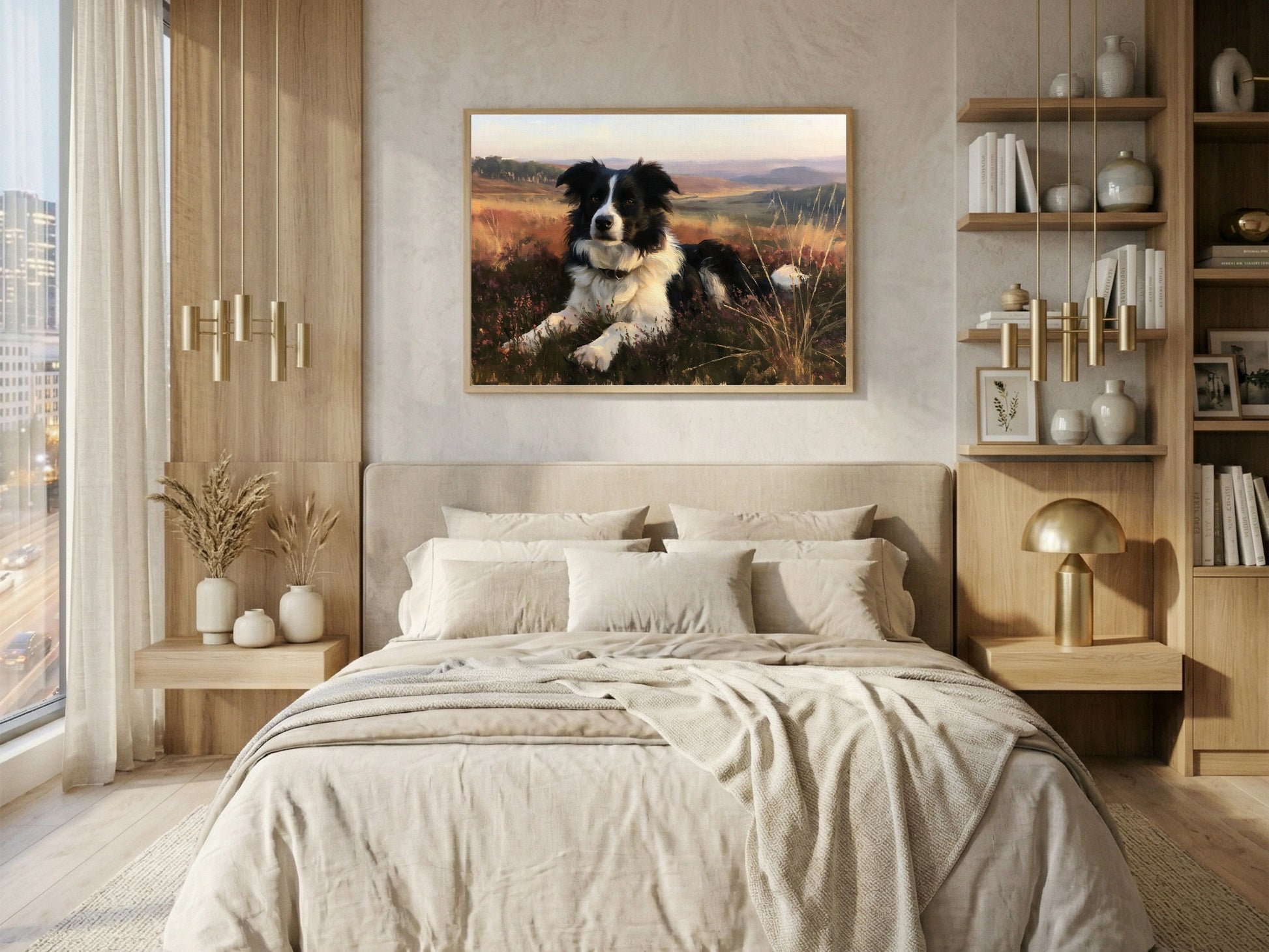 Border collie on a heather hill, framed in light wood above a bed in a warm neutral city bedroom