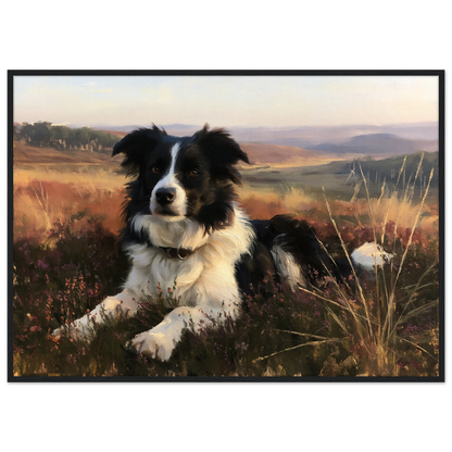 Border collie on a heather hill print in a black frame
