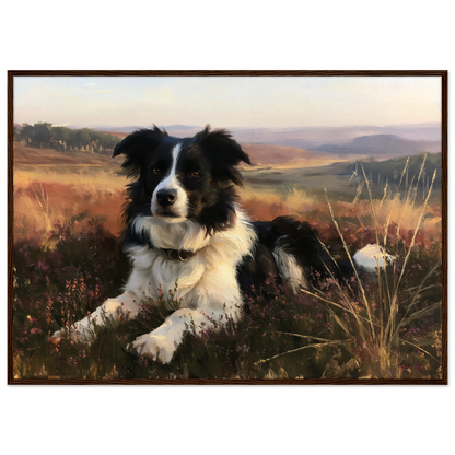 Border collie on a heather hill print in a dark brown wood frame