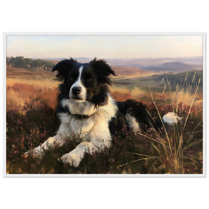 Border collie on a heather hill print in a white frame