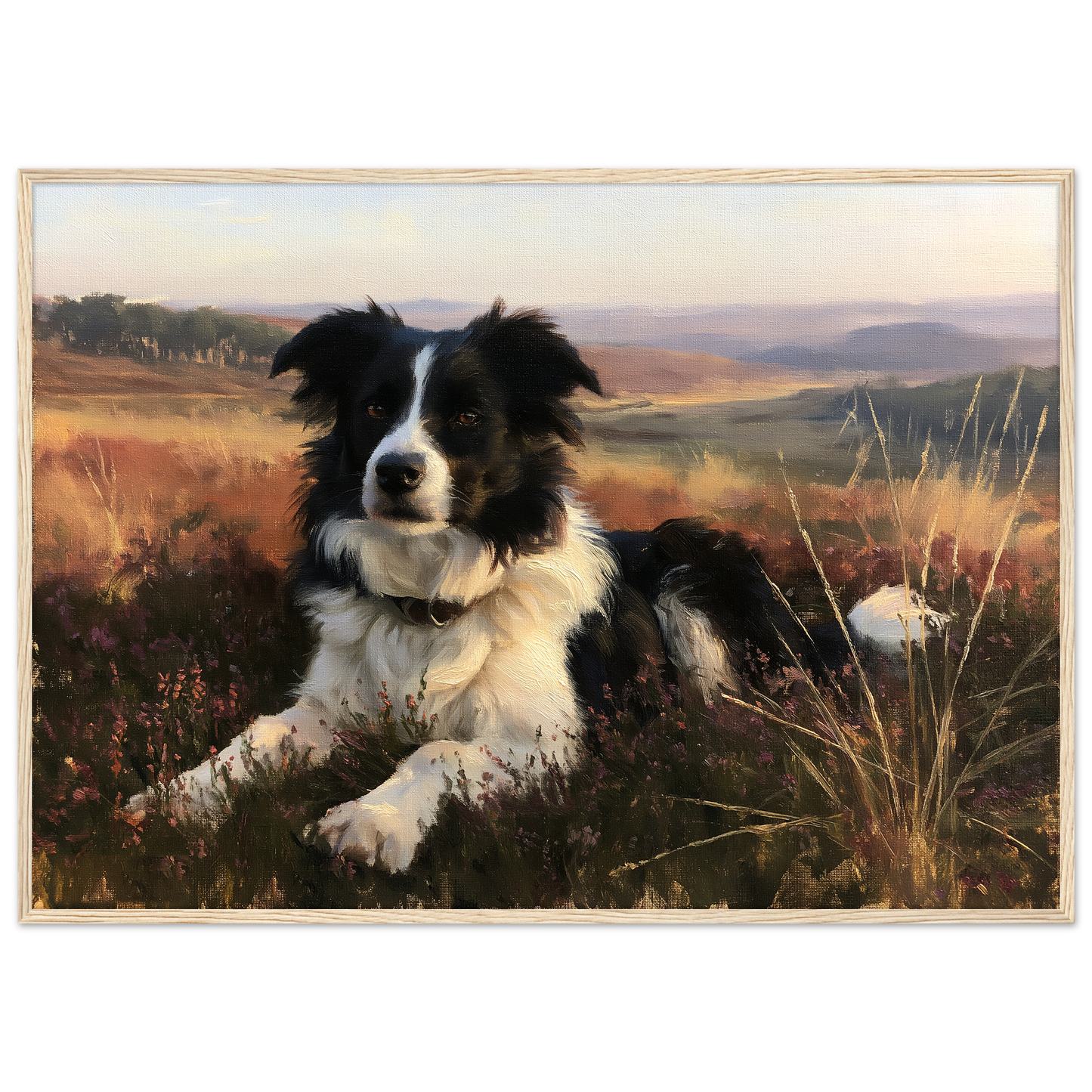 Border collie on a heather hill print in a pale natural wood frame