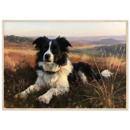 Border collie on a heather hill print in a pale natural wood frame