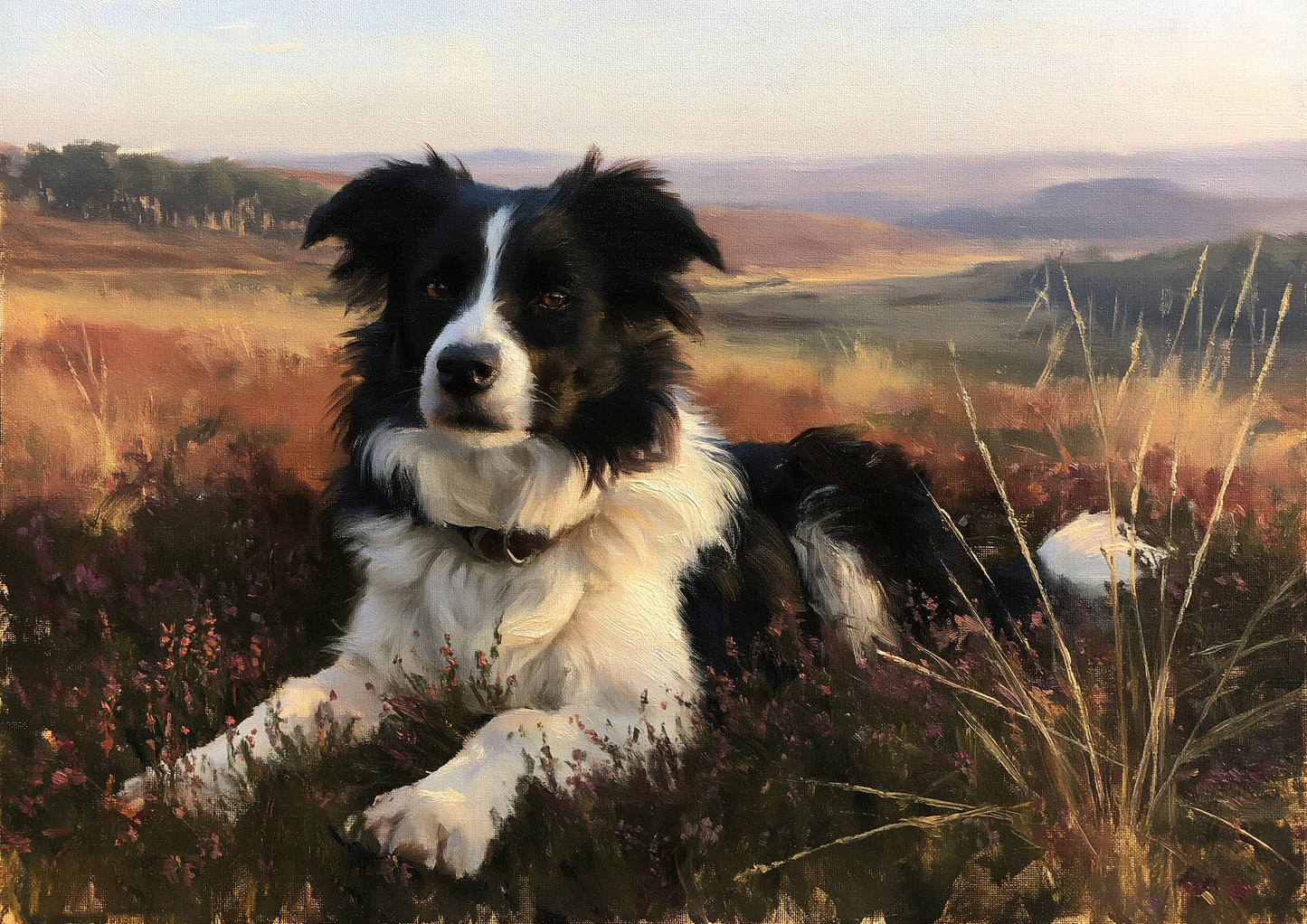A black and white border collie lying alert in deep heather on a Scottish hill in warm evening light, painted in loose oils