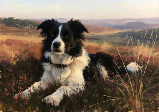 A black and white border collie lying alert in deep heather on a Scottish hill in warm evening light, painted in loose oils
