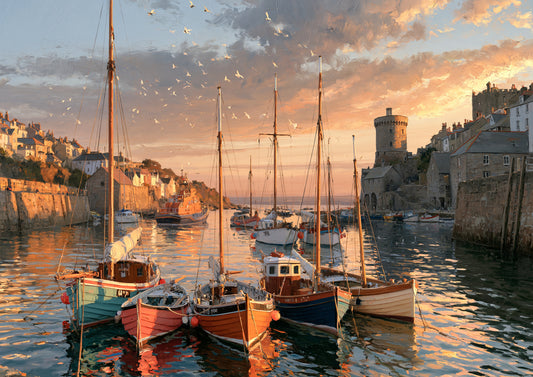 Colourful wooden fishing boats moored in an old stone harbour at sunset, a round stone tower and harbour houses behind and gulls in a peach and lavender sky, in thick impasto oil paint