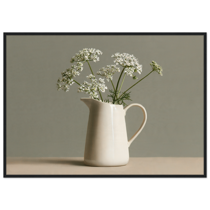 White cow parsley in a cream jug against a soft sage wall, print in a black frame