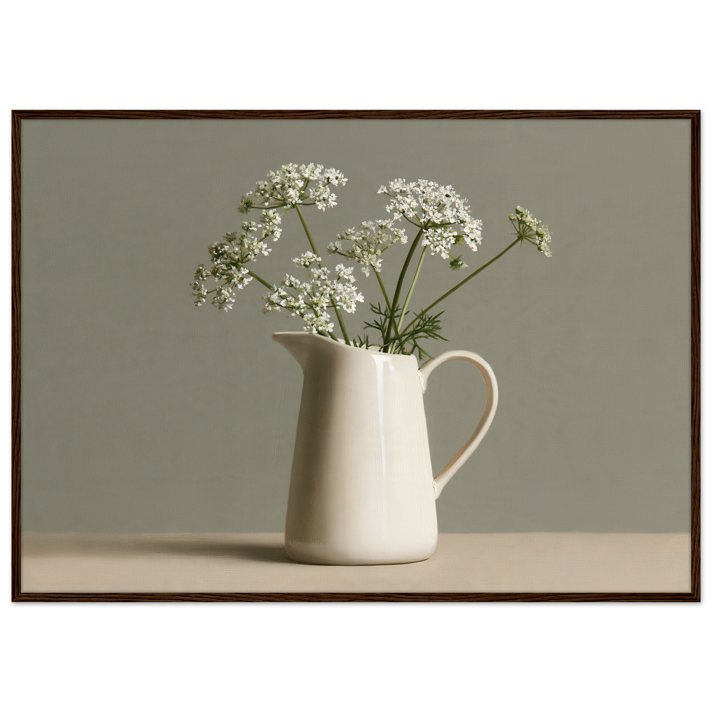 White cow parsley in a cream jug against a soft sage wall, print in a dark wood frame