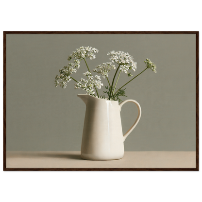 White cow parsley in a cream jug against a soft sage wall, print in a dark wood frame
