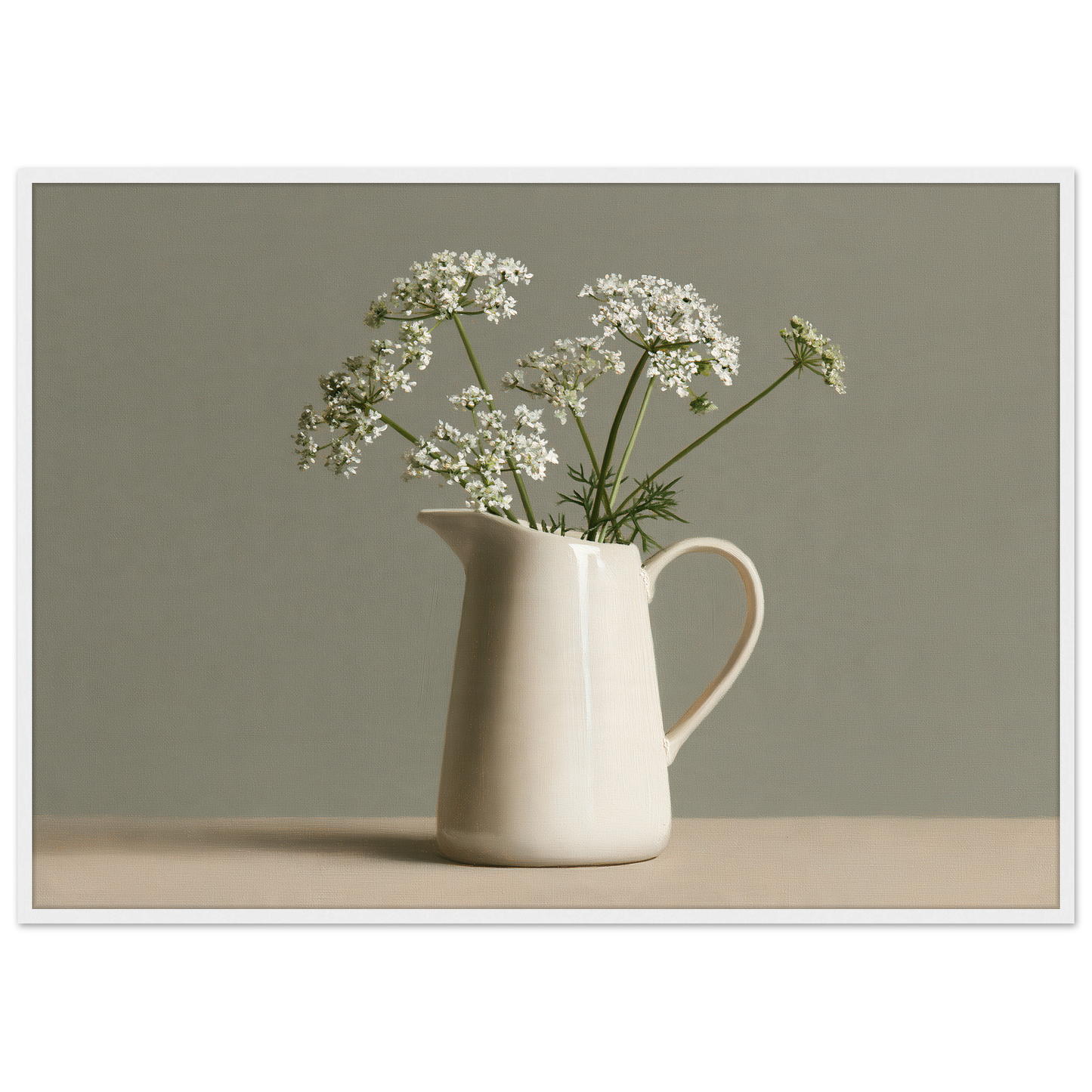 White cow parsley in a cream jug against a soft sage wall, print in a white frame