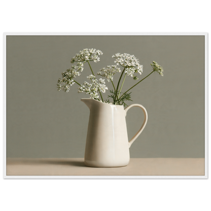 White cow parsley in a cream jug against a soft sage wall, print in a white frame
