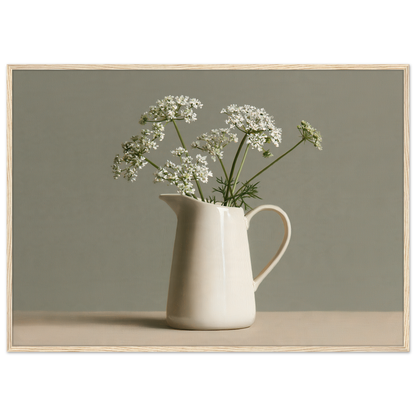 White cow parsley in a cream jug against a soft sage wall, print in a natural wood frame
