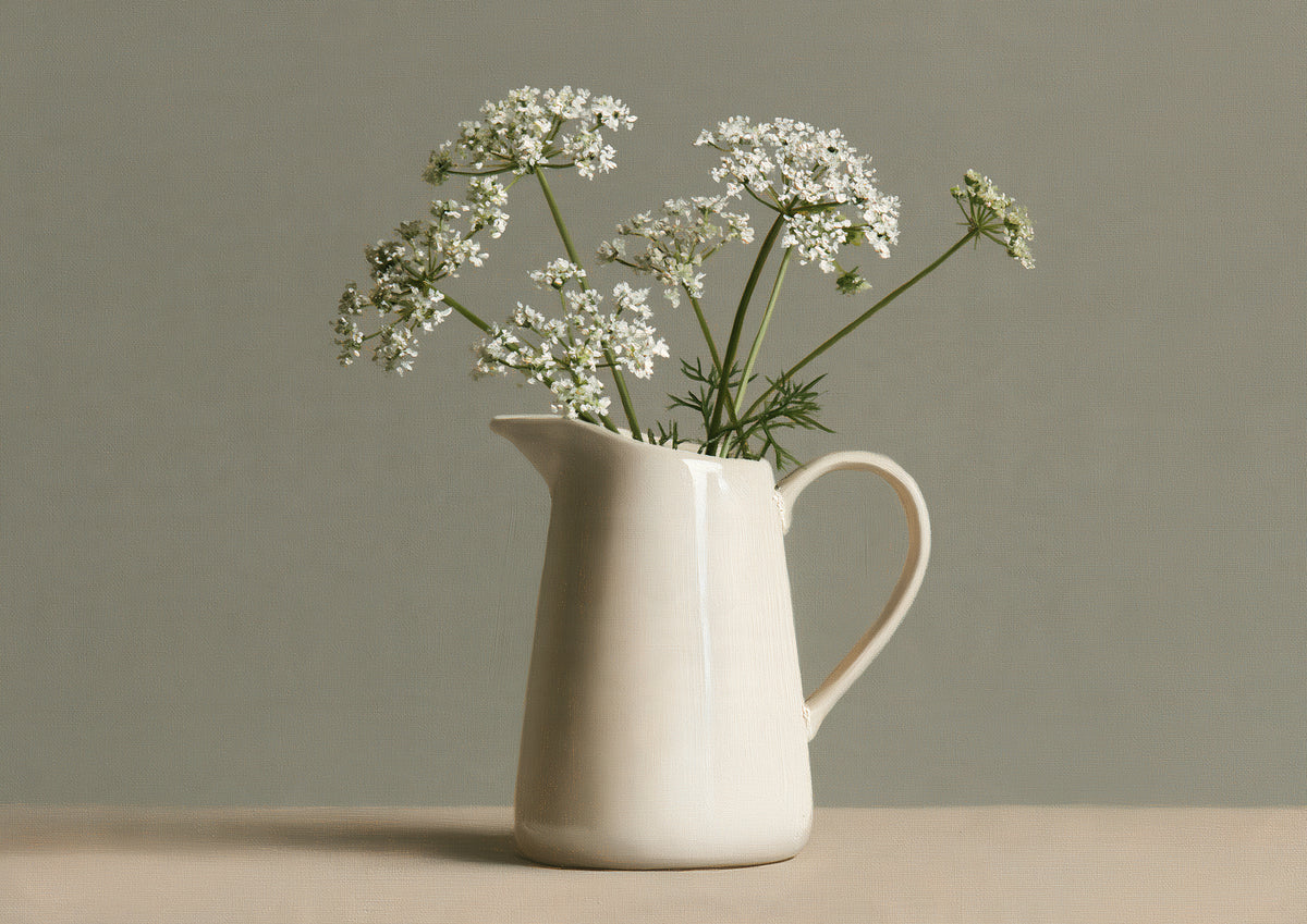 White cow parsley in a cream ceramic jug against a soft sage wall, oil painting still life