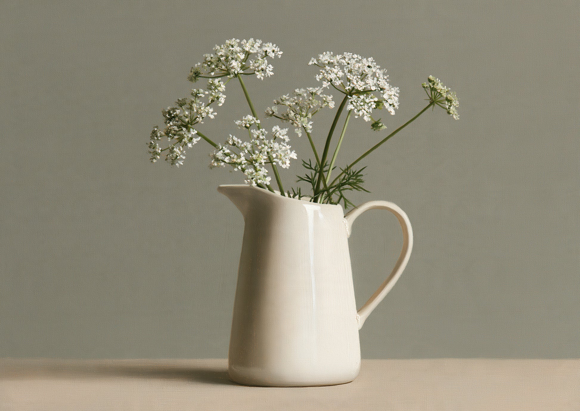White cow parsley in a cream ceramic jug against a soft sage wall, oil painting still life